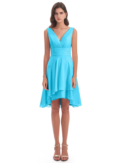 Esperanza Knee Length High Low V-neck Chiffon Bridesmaid Dresses