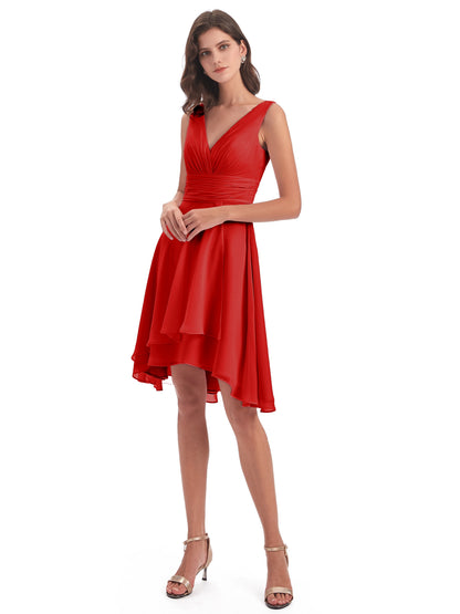 Esperanza Knee Length High Low V-neck Chiffon Bridesmaid Dresses