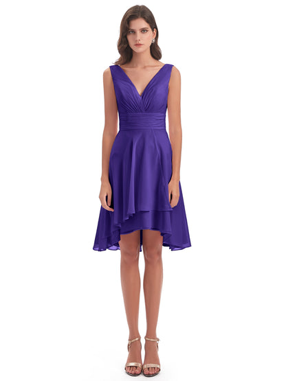 Esperanza Knee Length High Low V-neck Chiffon Bridesmaid Dresses