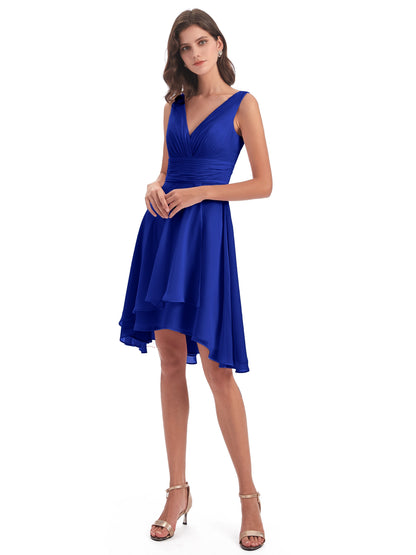 Esperanza Knee Length High Low V-neck Chiffon Bridesmaid Dresses