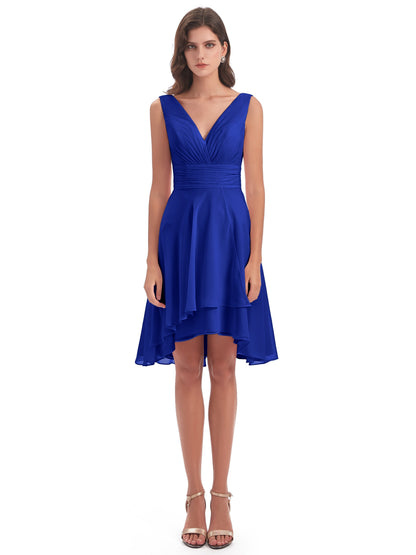 Esperanza Knee Length High Low V-neck Chiffon Bridesmaid Dresses