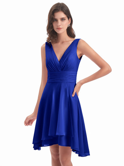 Esperanza Knee Length High Low V-neck Chiffon Bridesmaid Dresses