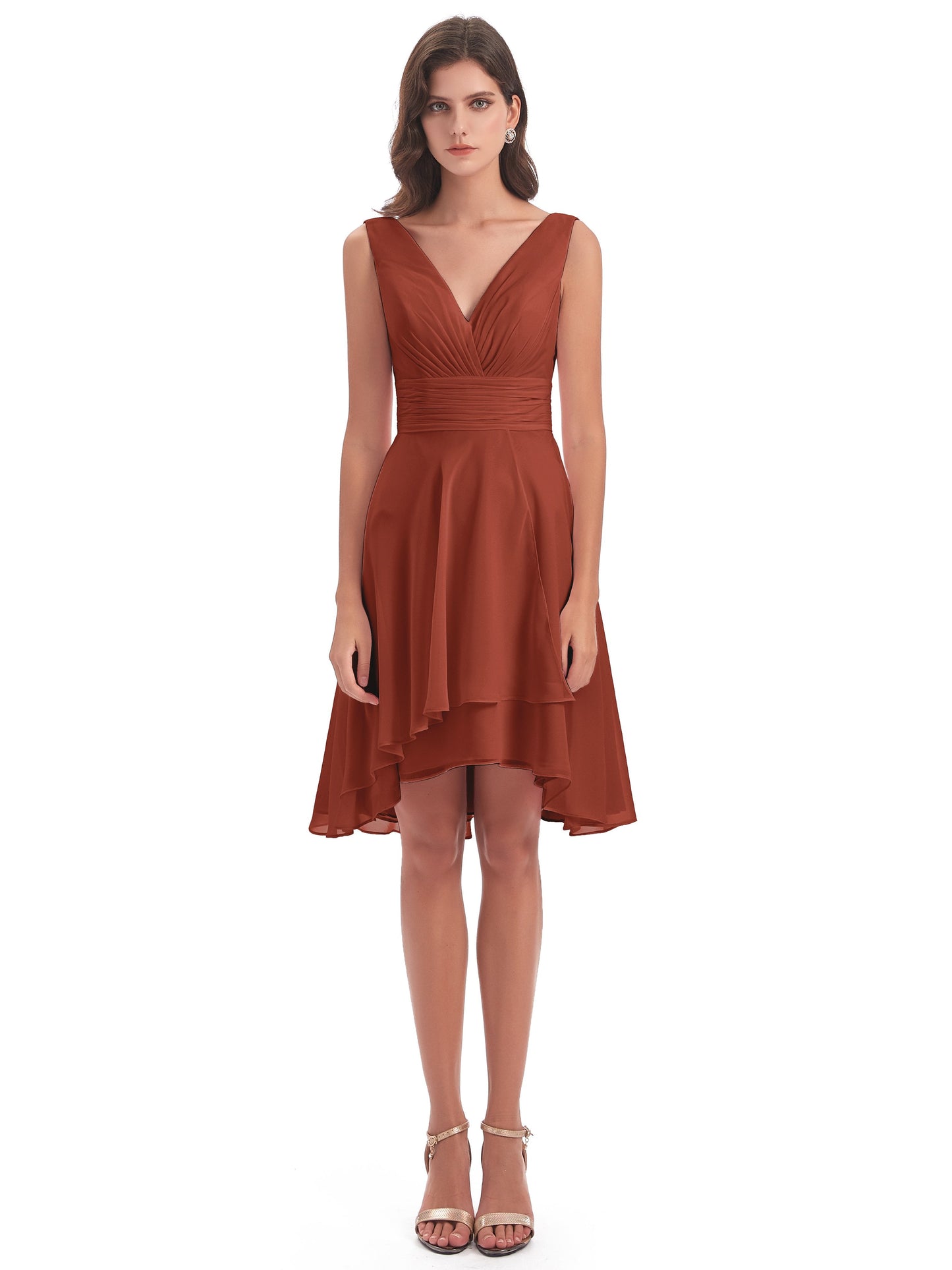 Esperanza Knee Length High Low V-neck Chiffon Bridesmaid Dresses
