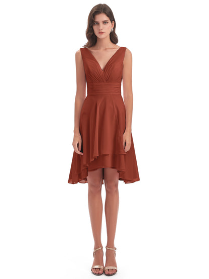 Esperanza Knee Length High Low V-neck Chiffon Bridesmaid Dresses