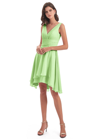 Esperanza Knee Length High Low V-neck Chiffon Bridesmaid Dresses