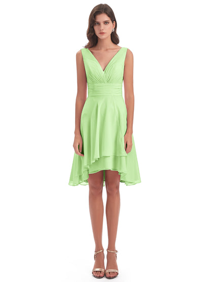 Esperanza Knee Length High Low V-neck Chiffon Bridesmaid Dresses