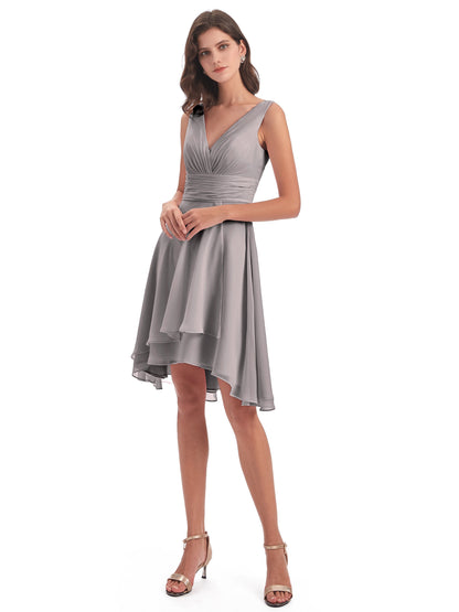 Esperanza Knee Length High Low V-neck Chiffon Bridesmaid Dresses