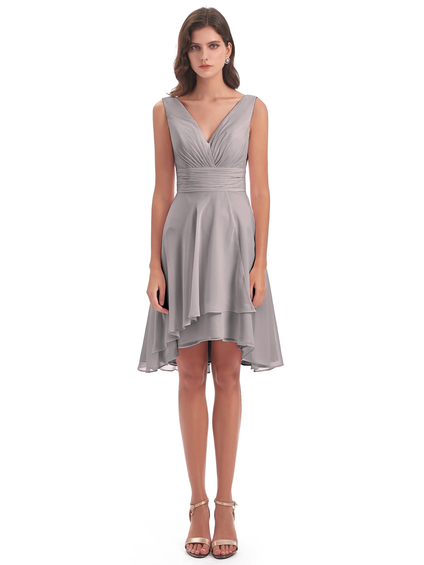 Esperanza Knee Length High Low V-neck Chiffon Bridesmaid Dresses