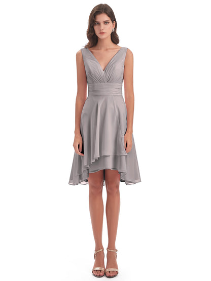 Esperanza Knee Length High Low V-neck Chiffon Bridesmaid Dresses