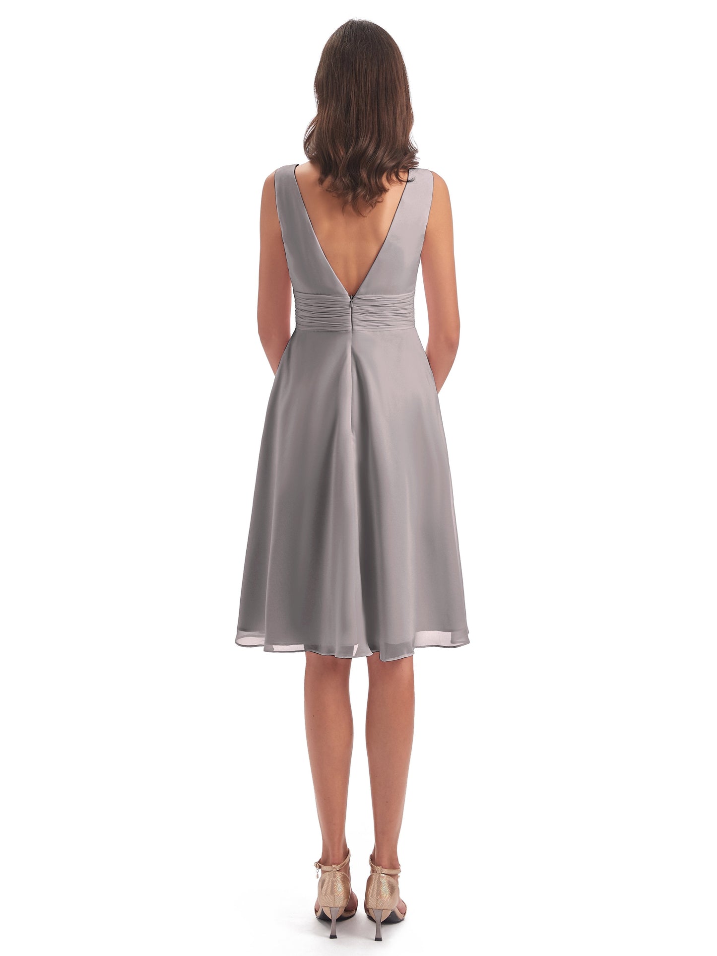 Esperanza Knee Length High Low V-neck Chiffon Bridesmaid Dresses