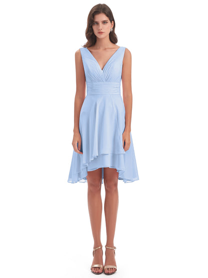 Esperanza Knee Length High Low V-neck Chiffon Bridesmaid Dresses