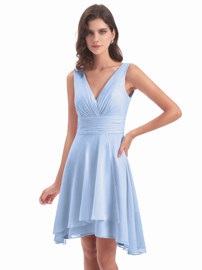 Esperanza Knee Length High Low V-neck Chiffon Bridesmaid Dresses