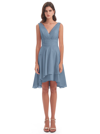 Esperanza Knee Length High Low V-neck Chiffon Bridesmaid Dresses