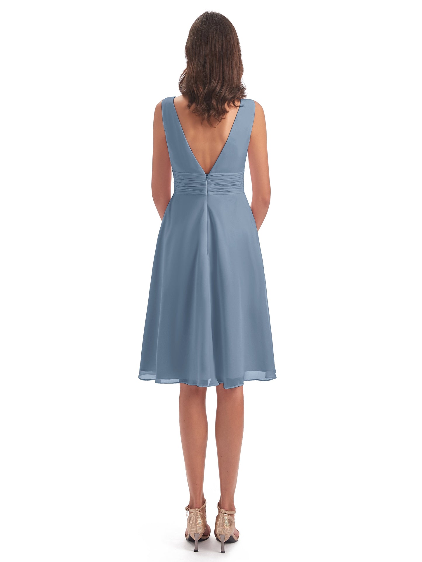 Esperanza Knee Length High Low V-neck Chiffon Bridesmaid Dresses