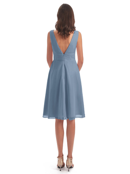Esperanza Knee Length High Low V-neck Chiffon Bridesmaid Dresses