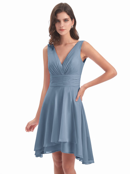 Esperanza Knee Length High Low V-neck Chiffon Bridesmaid Dresses