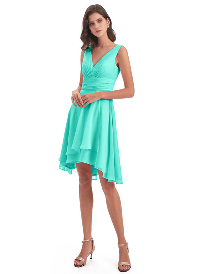 Esperanza Knee Length High Low V-neck Chiffon Bridesmaid Dresses