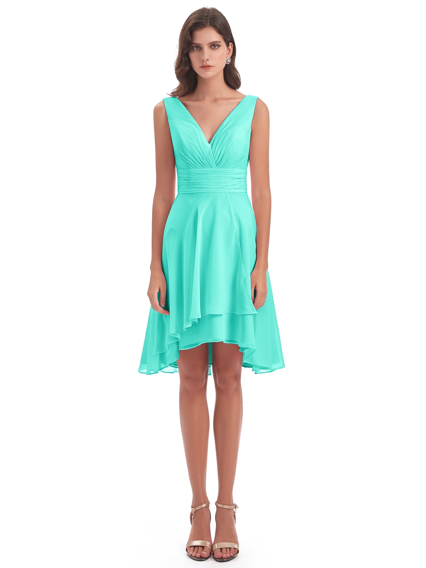 Esperanza Knee Length High Low V-neck Chiffon Bridesmaid Dresses