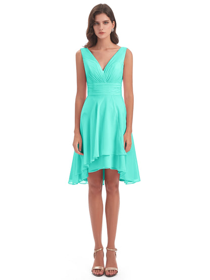 Esperanza Knee Length High Low V-neck Chiffon Bridesmaid Dresses