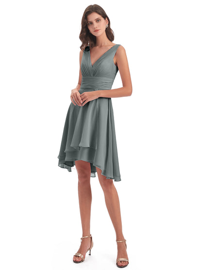 Esperanza Knee Length High Low V-neck Chiffon Bridesmaid Dresses