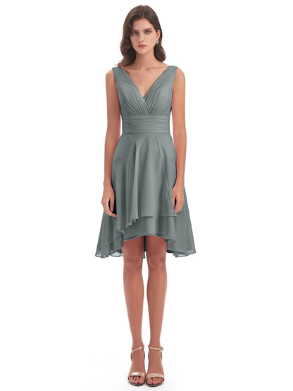 Esperanza Knee Length High Low V-neck Chiffon Bridesmaid Dresses