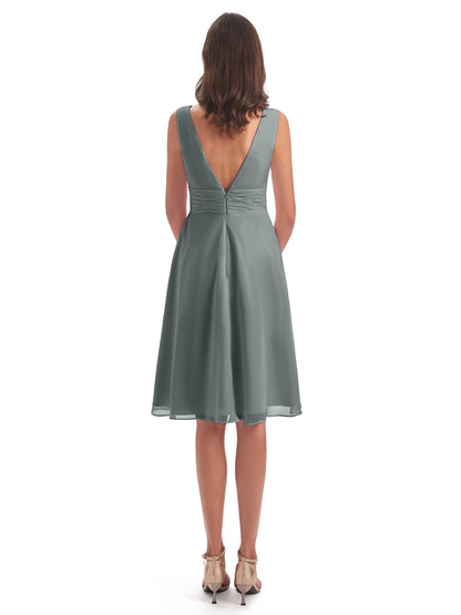 Esperanza Knee Length High Low V-neck Chiffon Bridesmaid Dresses