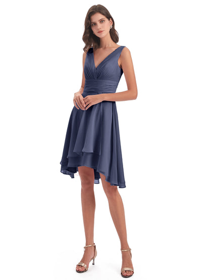 Esperanza Knee Length High Low V-neck Chiffon Bridesmaid Dresses