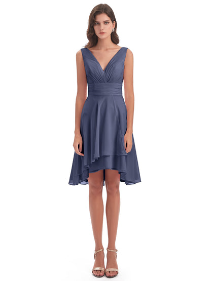 Esperanza Knee Length High Low V-neck Chiffon Bridesmaid Dresses