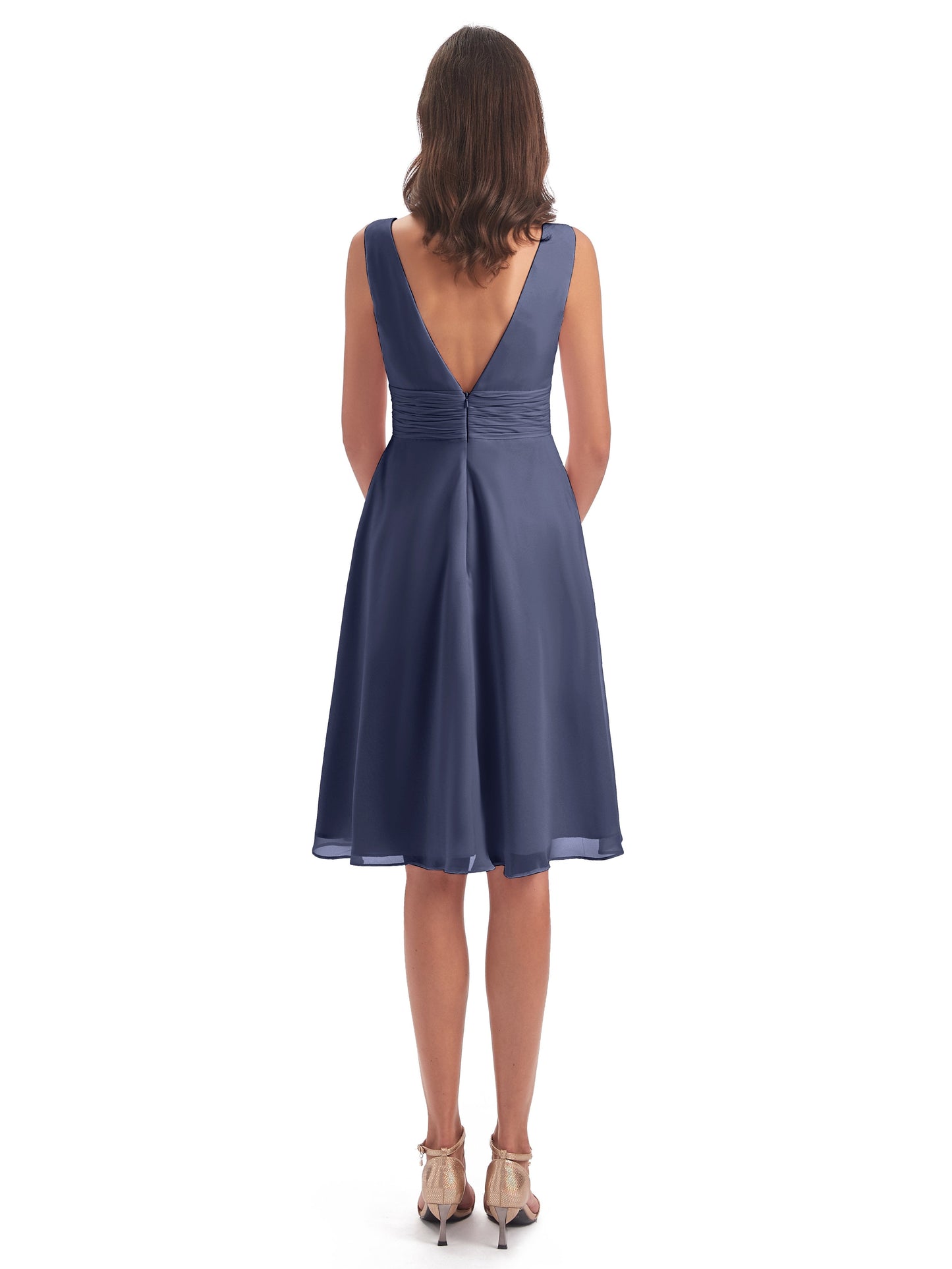 Esperanza Knee Length High Low V-neck Chiffon Bridesmaid Dresses