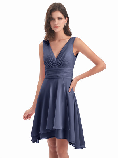 Esperanza Knee Length High Low V-neck Chiffon Bridesmaid Dresses
