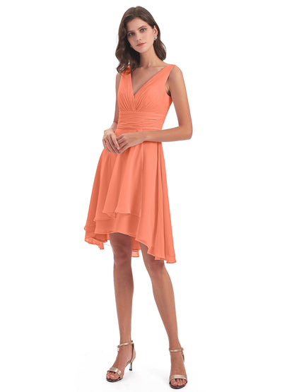 Esperanza Knee Length High Low V-neck Chiffon Bridesmaid Dresses