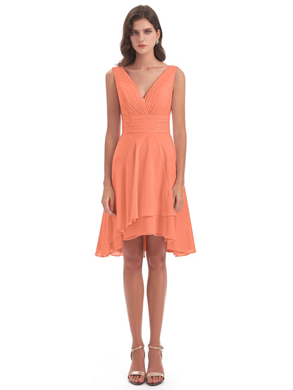 Esperanza Knee Length High Low V-neck Chiffon Bridesmaid Dresses
