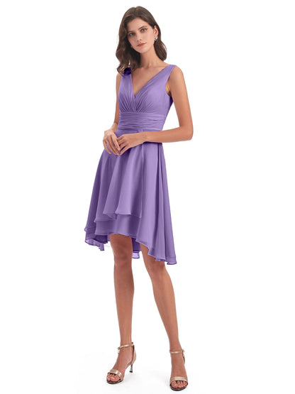 Esperanza Knee Length High Low V-neck Chiffon Bridesmaid Dresses