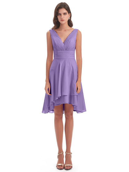 Esperanza Knee Length High Low V-neck Chiffon Bridesmaid Dresses