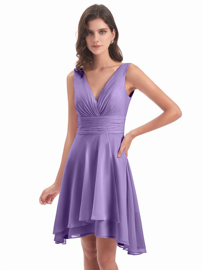 Esperanza Knee Length High Low V-neck Chiffon Bridesmaid Dresses