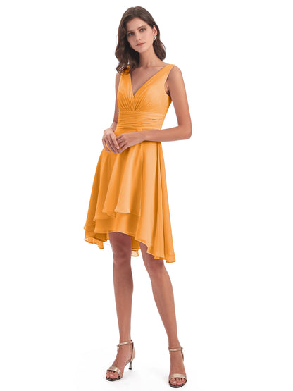 Esperanza Knee Length High Low V-neck Chiffon Bridesmaid Dresses