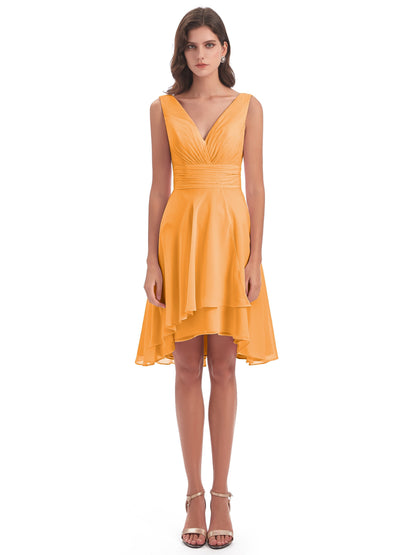 Esperanza Knee Length High Low V-neck Chiffon Bridesmaid Dresses
