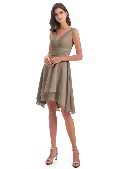 Esperanza Knee Length High Low V-neck Chiffon Bridesmaid Dresses