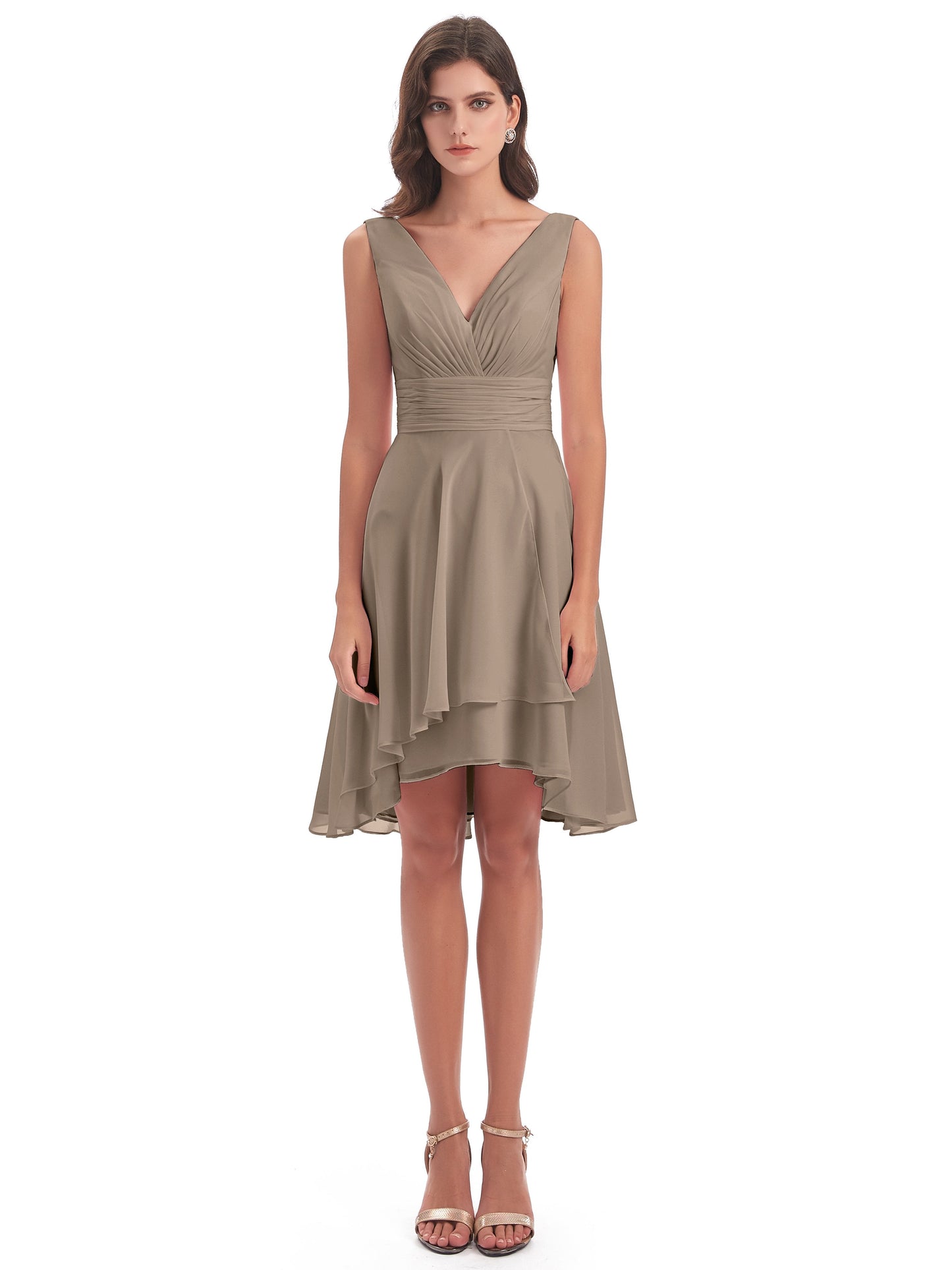 Esperanza Knee Length High Low V-neck Chiffon Bridesmaid Dresses