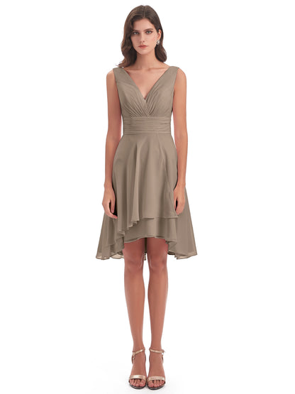 Esperanza Knee Length High Low V-neck Chiffon Bridesmaid Dresses