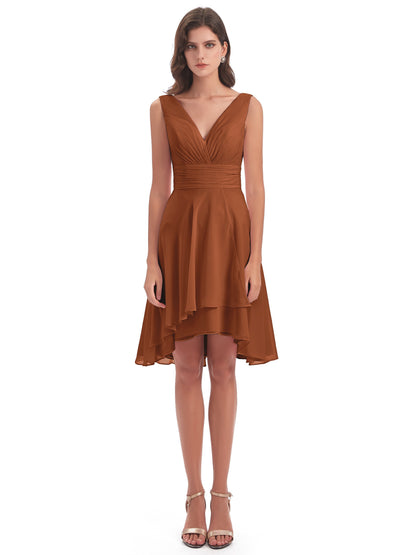 Esperanza Knee Length High Low V-neck Chiffon Bridesmaid Dresses