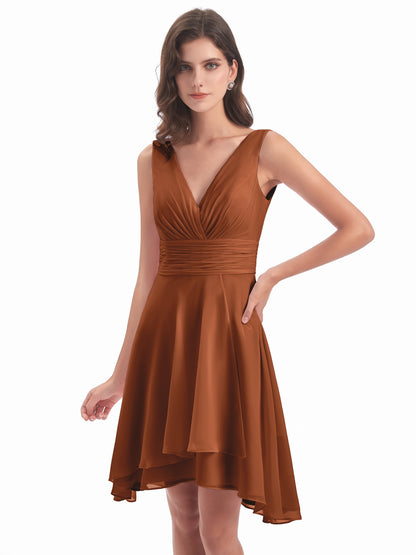 Esperanza Knee Length High Low V-neck Chiffon Bridesmaid Dresses