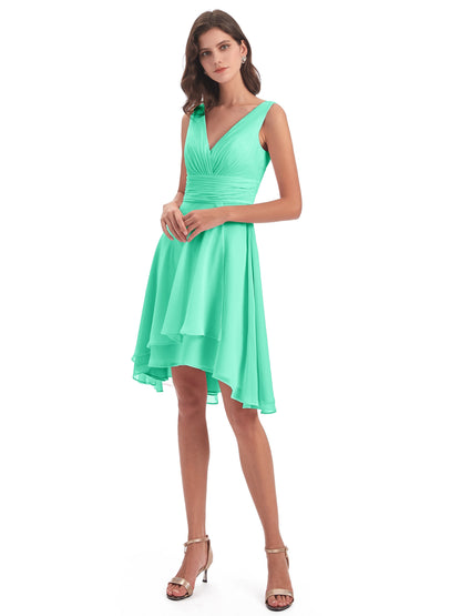 Esperanza Knee Length High Low V-neck Chiffon Bridesmaid Dresses