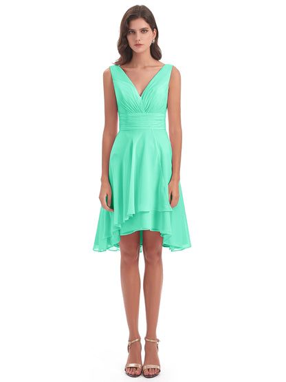 Esperanza Knee Length High Low V-neck Chiffon Bridesmaid Dresses
