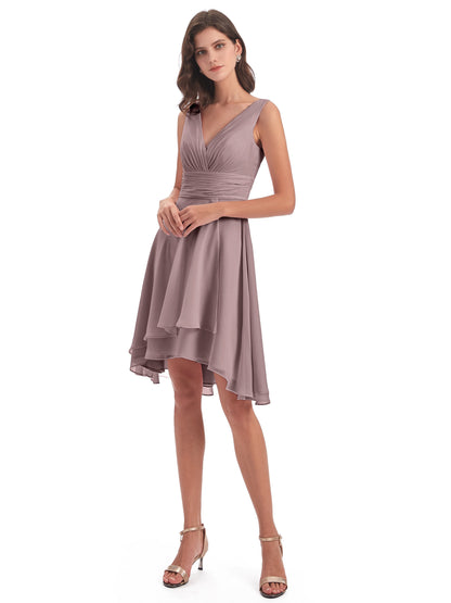 Esperanza Knee Length High Low V-neck Chiffon Bridesmaid Dresses