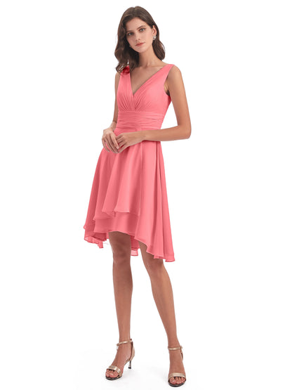 Esperanza Knee Length High Low V-neck Chiffon Bridesmaid Dresses