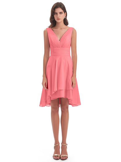 Esperanza Knee Length High Low V-neck Chiffon Bridesmaid Dresses