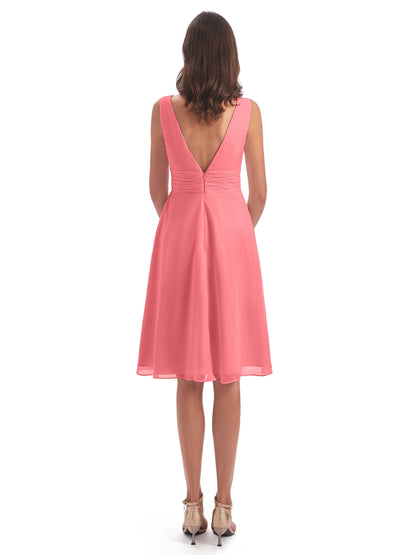 Esperanza Knee Length High Low V-neck Chiffon Bridesmaid Dresses