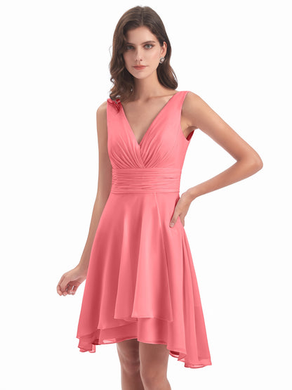 Esperanza Knee Length High Low V-neck Chiffon Bridesmaid Dresses