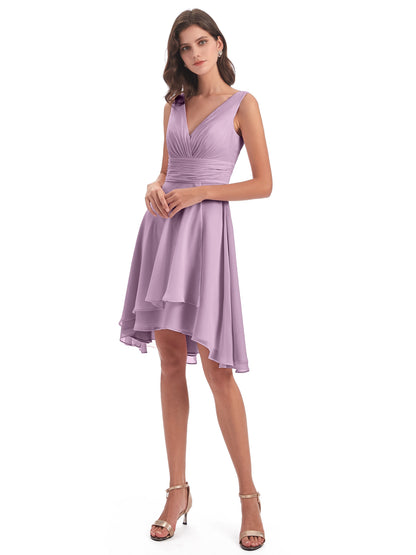 Esperanza Knee Length High Low V-neck Chiffon Bridesmaid Dresses
